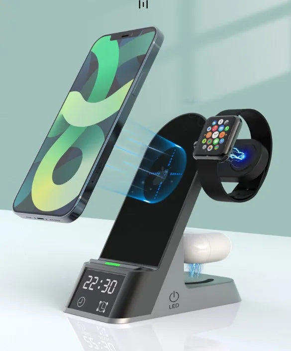 Black six-in-one alarm clock wireless charging station with display and charging surface