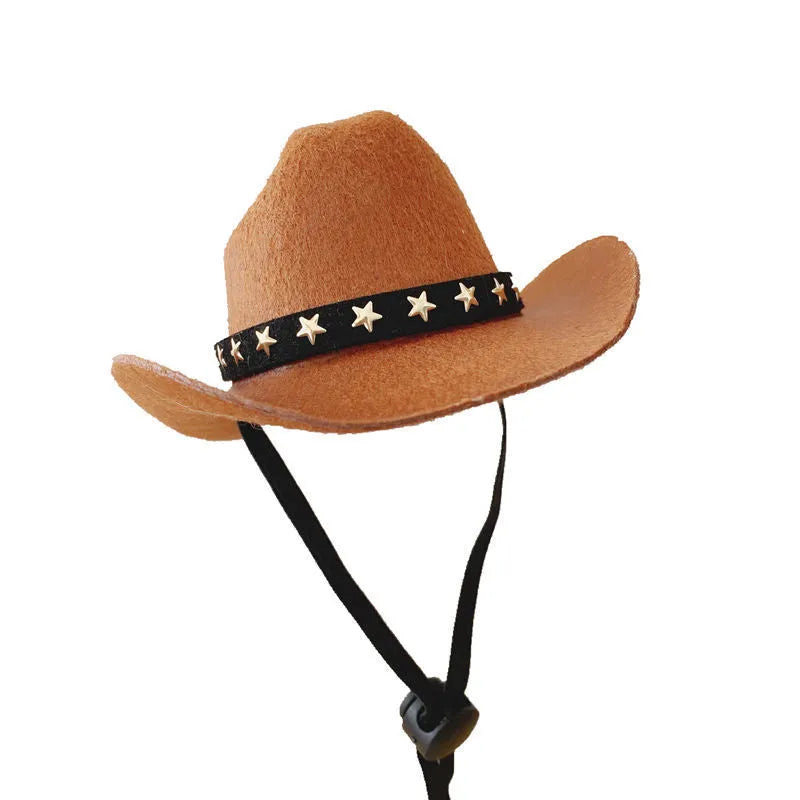 British cowboy style hat for a cat, made from brown non woven fabric with a black ribbon trim.