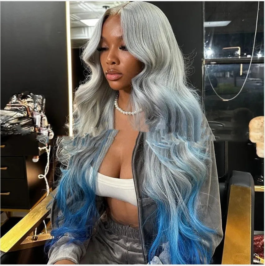 Grey blue gradient human hair lace front wig with 4x4 cap and Ruili style