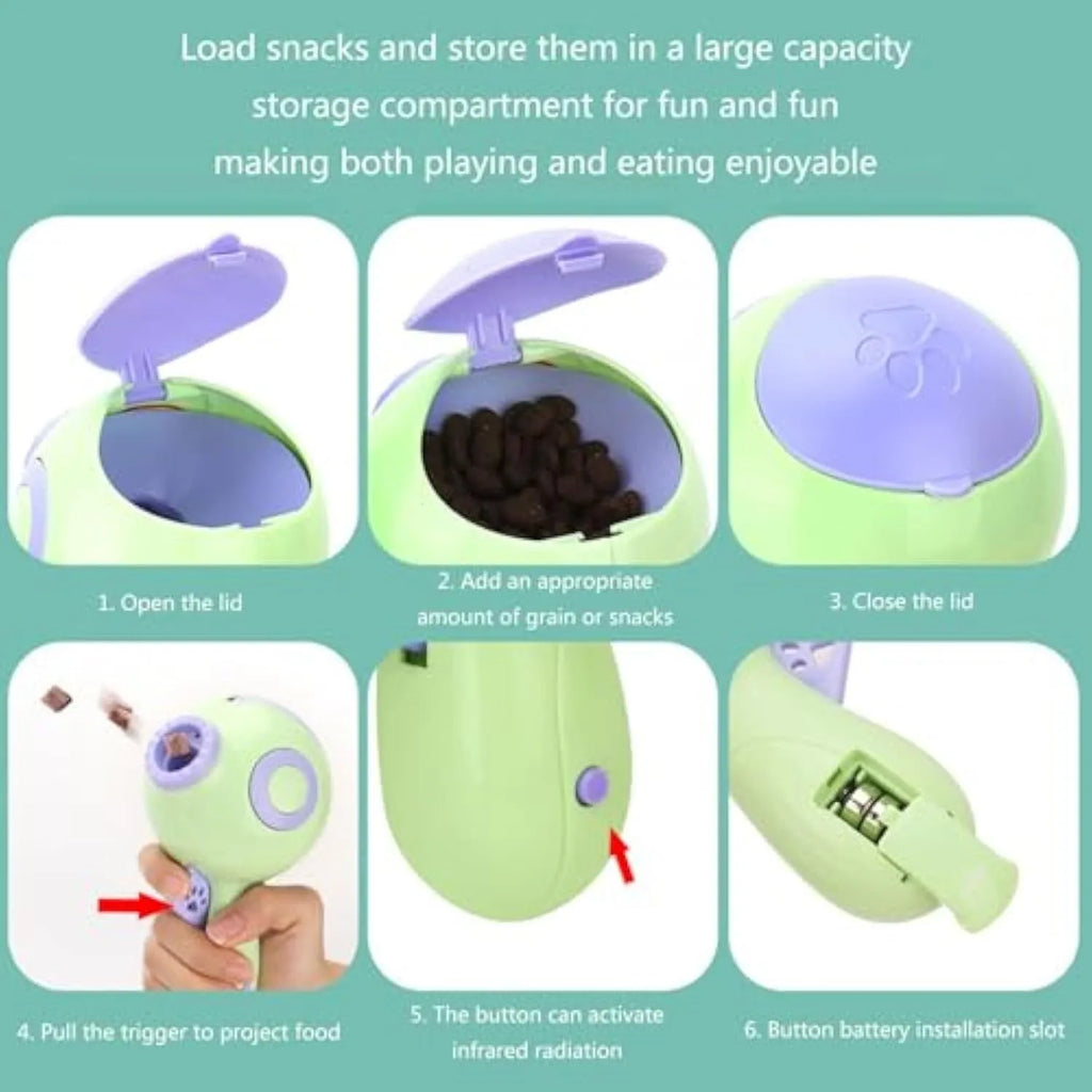 Green, orange or pink dog treat launcher toy for interactive feeding and training