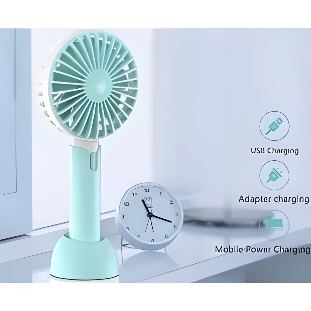 Blue USB-powered mini handheld fan with three-speed control and compact design