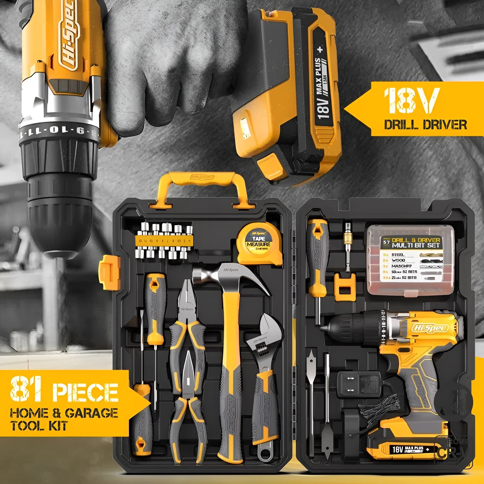 Grey-yellow case open to show 82-piece chrome-vanadium steel tool set for home repair.