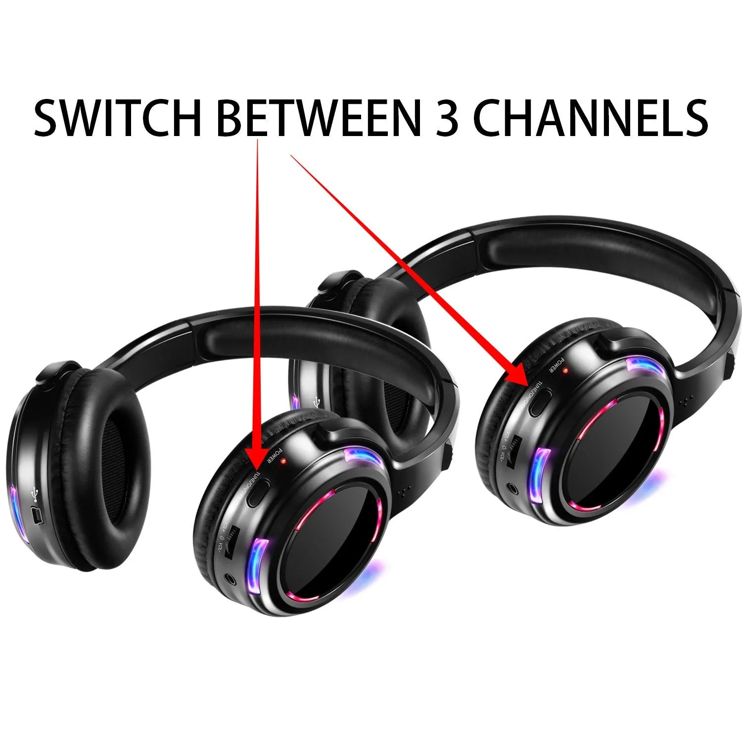 Black silent disco wireless headphones with over-ear design and 3.5mm cable.