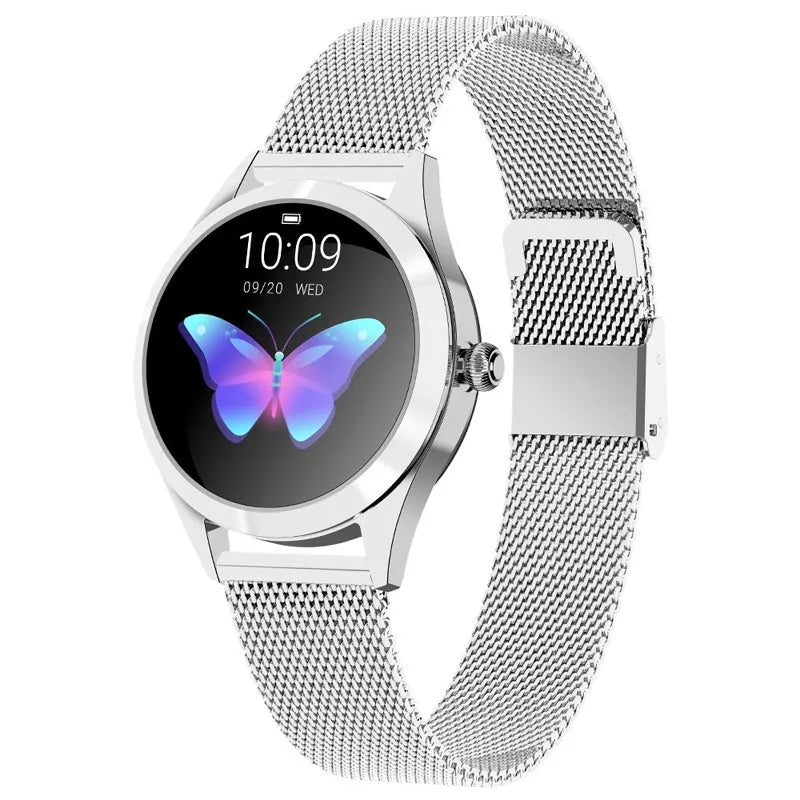 Women's multi-functional sports smartwatch showing heart rate monitoring and four colour options