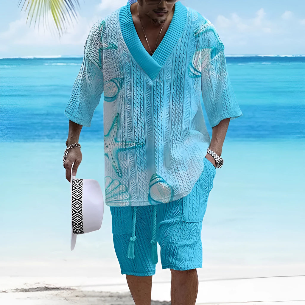 Men's loose casual short sleeve suit set in polyester fabric showing matching top and shorts