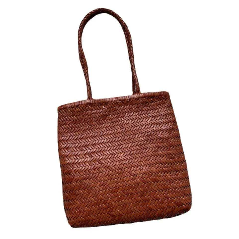 Brown handmade cowhide leather woven shoulder bag with three-dimensional pocket