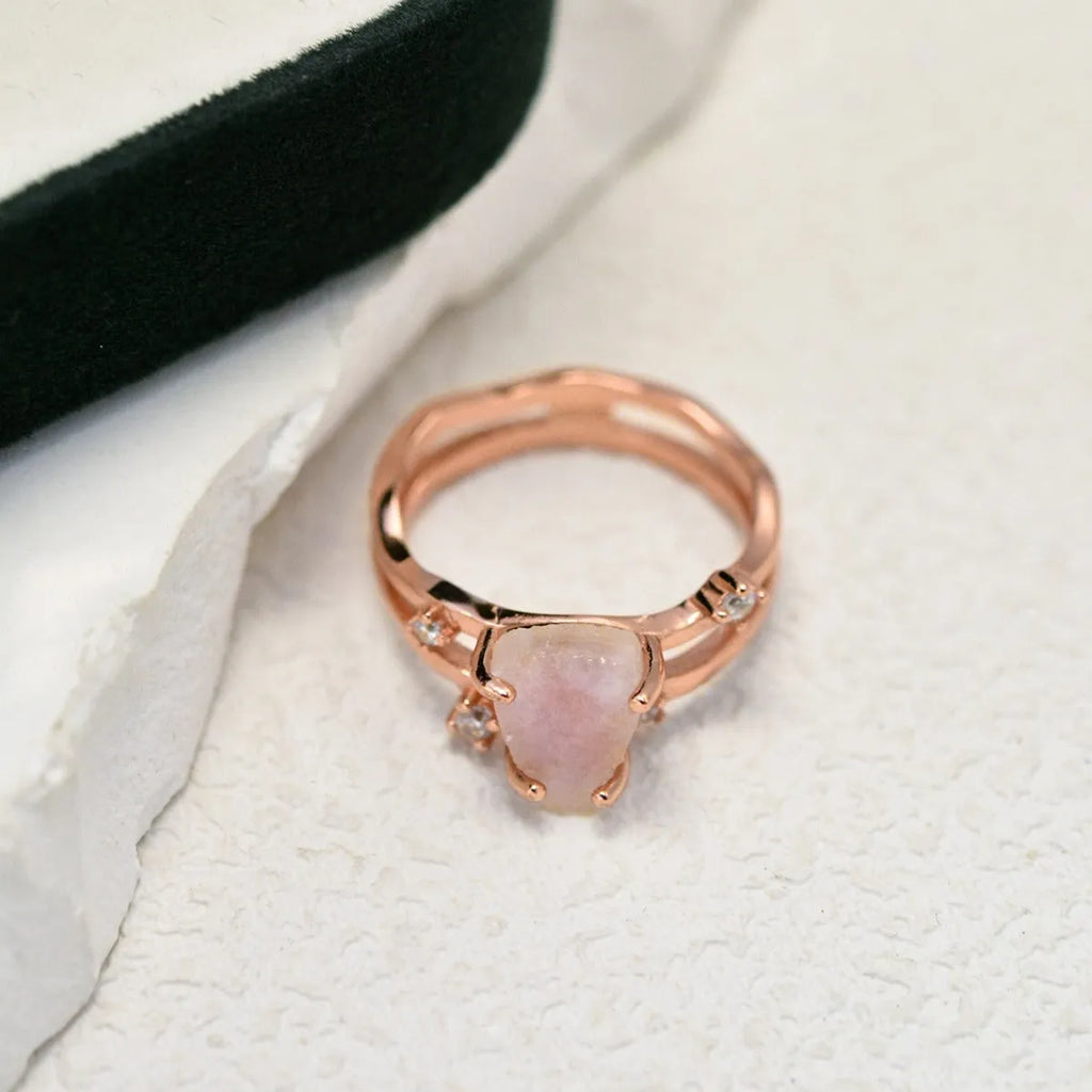 S925 sterling silver moonstone ring with geometric triangle shape on jewellery display