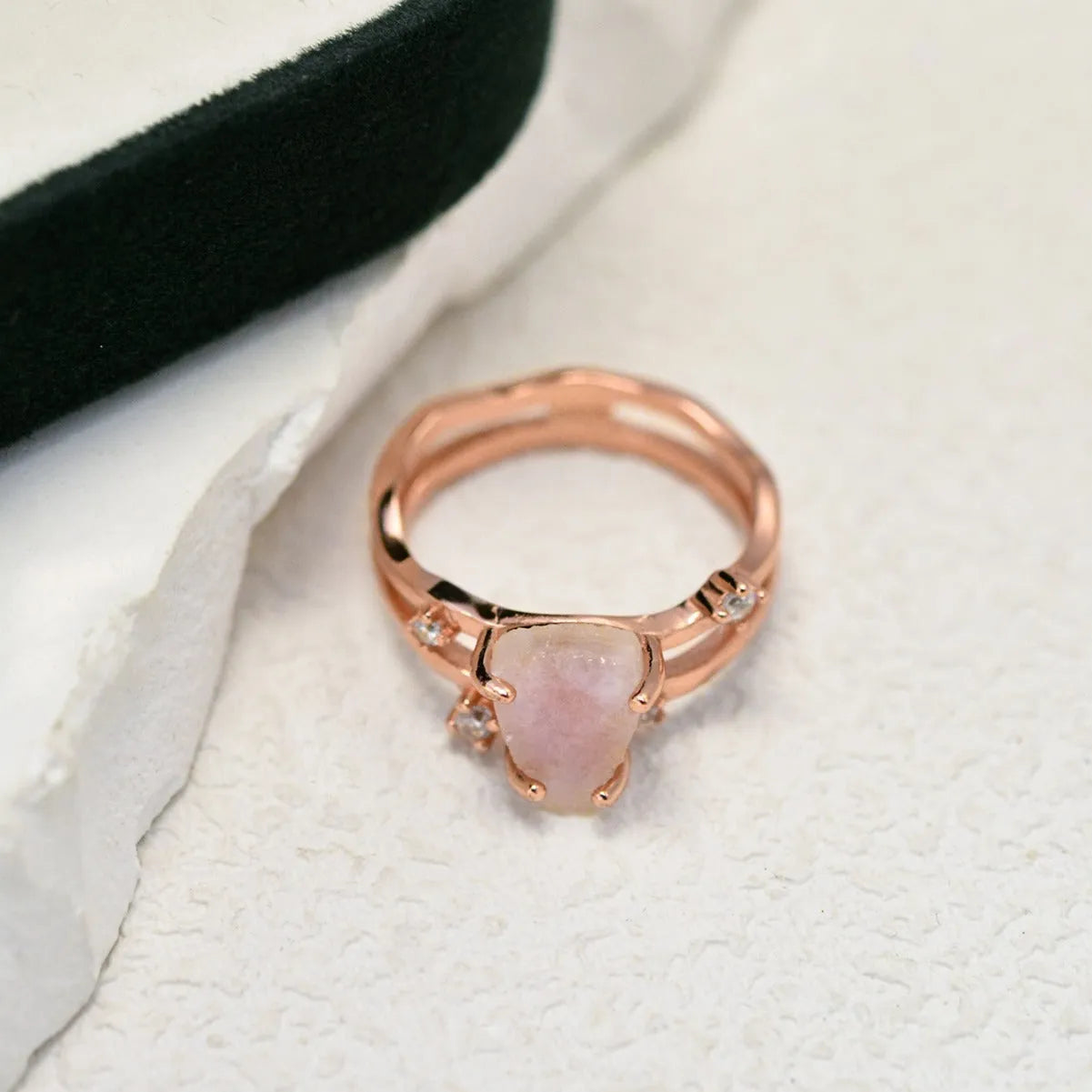S925 sterling silver moonstone ring with geometric triangle shape on jewellery display