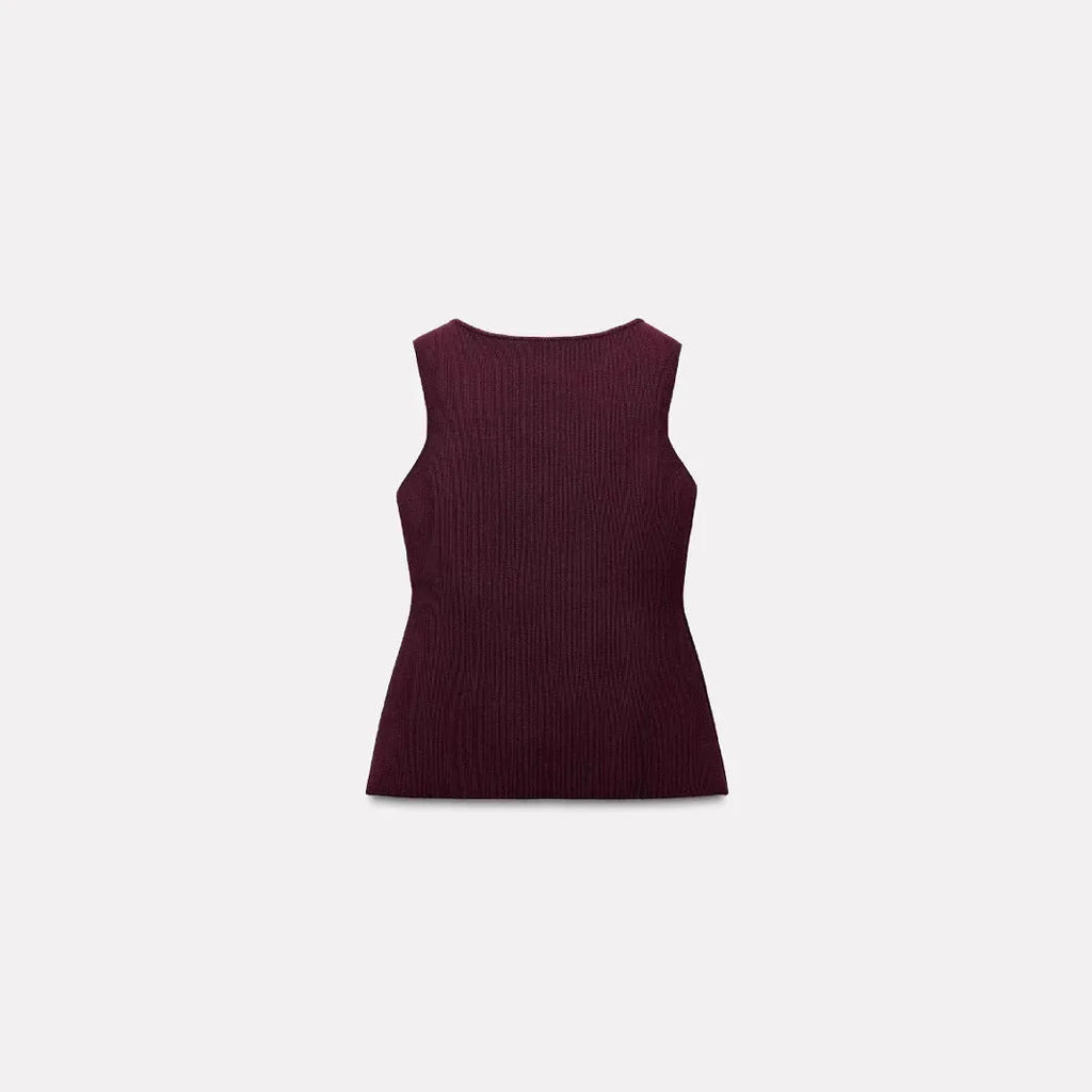 Dark red slim fit sleeveless sweater vest with gold buttons and a 3D pattern.