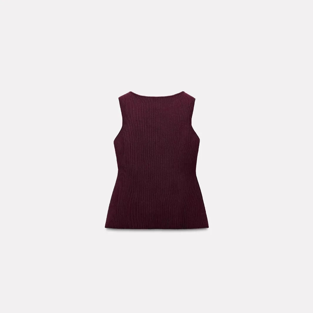 Dark red slim fit sleeveless sweater vest with gold buttons and a 3D pattern.
