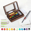 Mini walnut wooden watercolour paint box with leather case and pigment colour selection