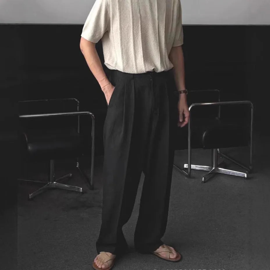 Men's lightweight cotton linen suit pants in loose Korean style with micro-elastic waist