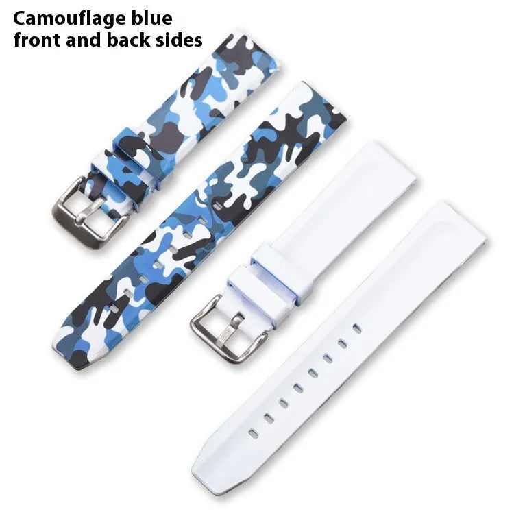 Camouflage pattern silicone watch strap showing flat head universal design with width measurement options