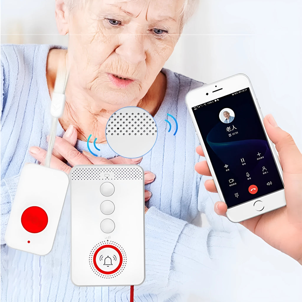 White one-click voice emergency alert device with a central buzzer unit and three separate wireless call buttons.