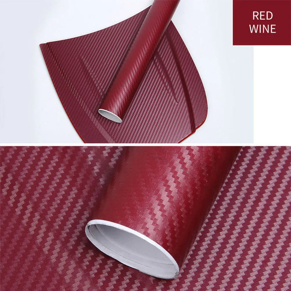 3D carbon fibre car stickers in eight colours including black, silver, blue on 30x127cm sheet