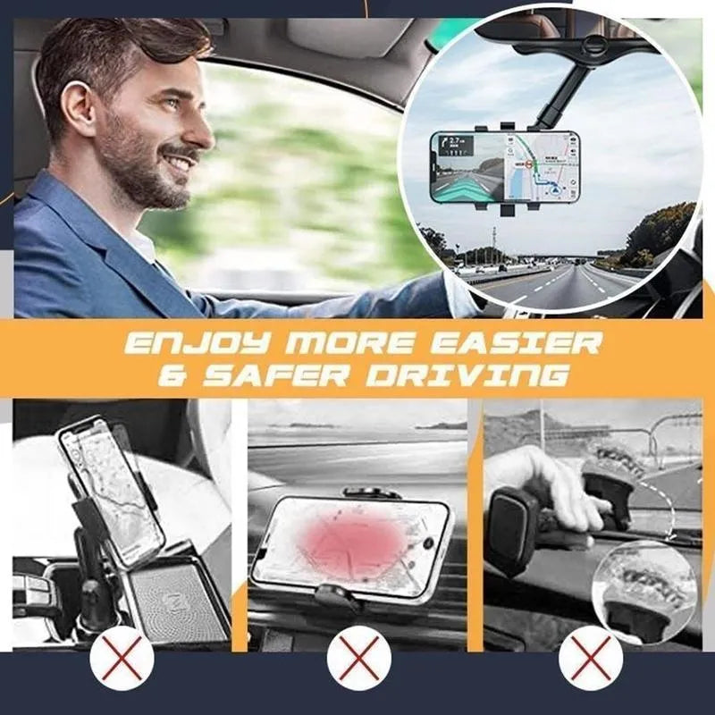Black rearview mirror car phone holder showing 360-degree rotation and telescopic arm extension.