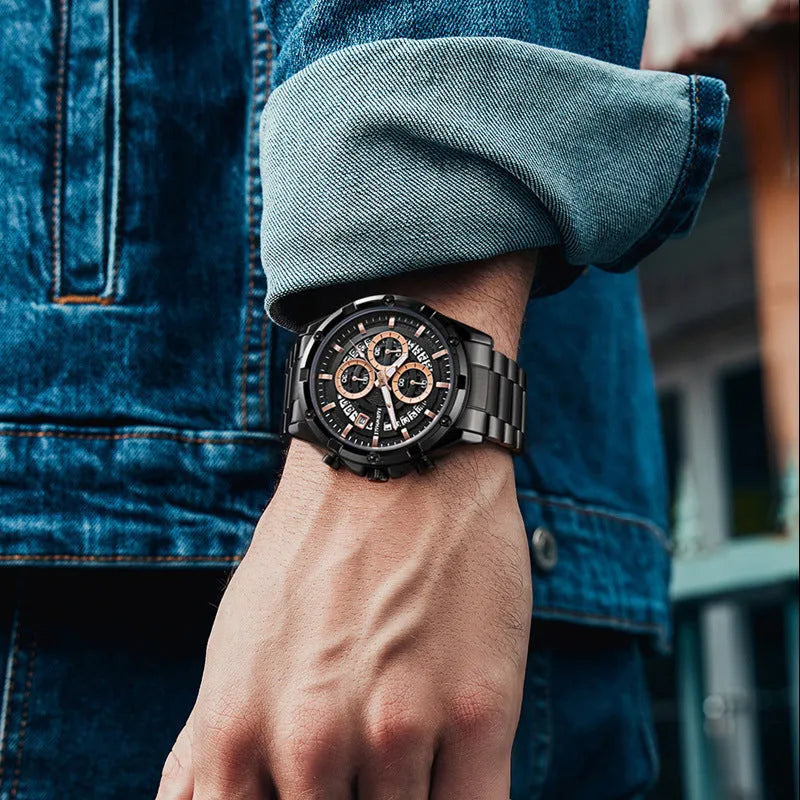 Men's waterproof luminous quartz watch with a steel belt, shown in black, blue, gold, and silver colour options.