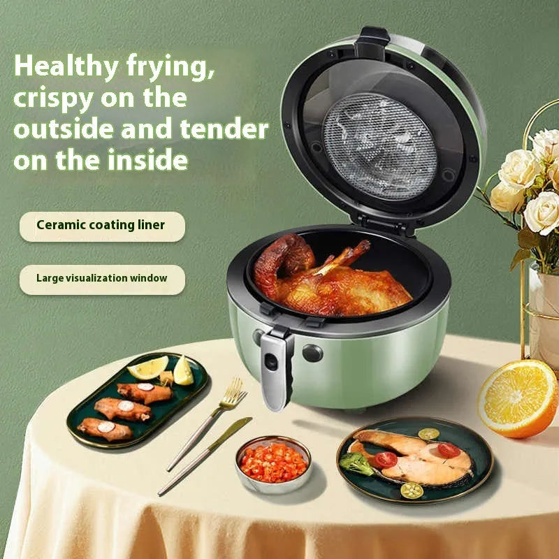 Silver 8-litre air fryer oven with mechanical buttons and a visible viewing window on the front.
