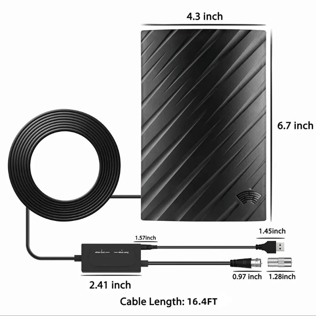 Black plastic digital television antenna with HD mode selector on a flat surface