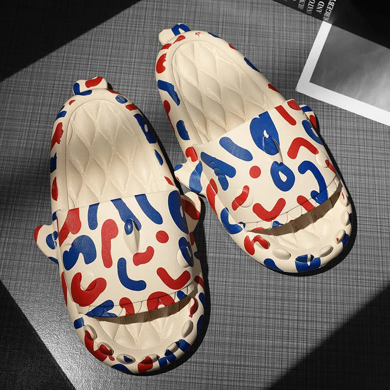 Shark design open-toe EVA slippers for home use in multiple colours and sizes.