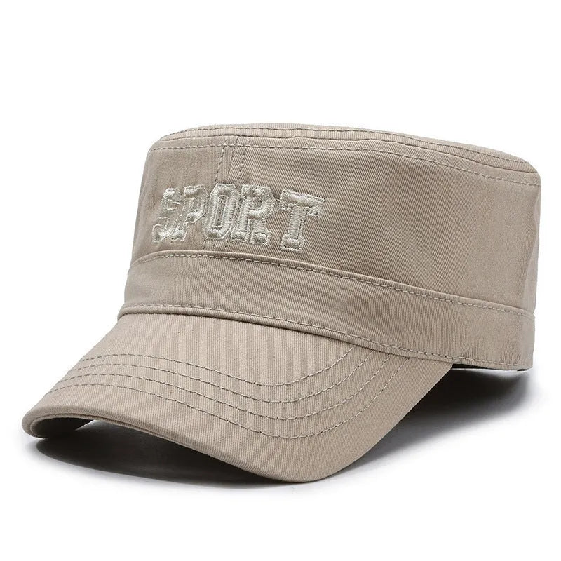 Cotton adjustable flat-top peaked cap for men in multiple colours with English letter detail.