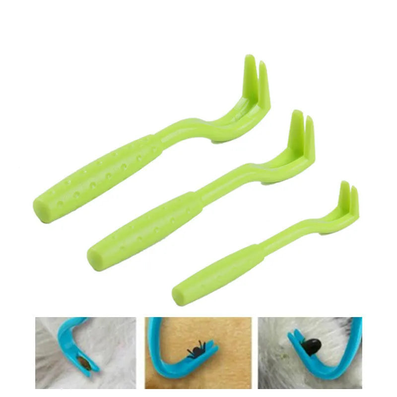 Three plastic pet tick removal hooks in blue or green colours for dog and cat grooming