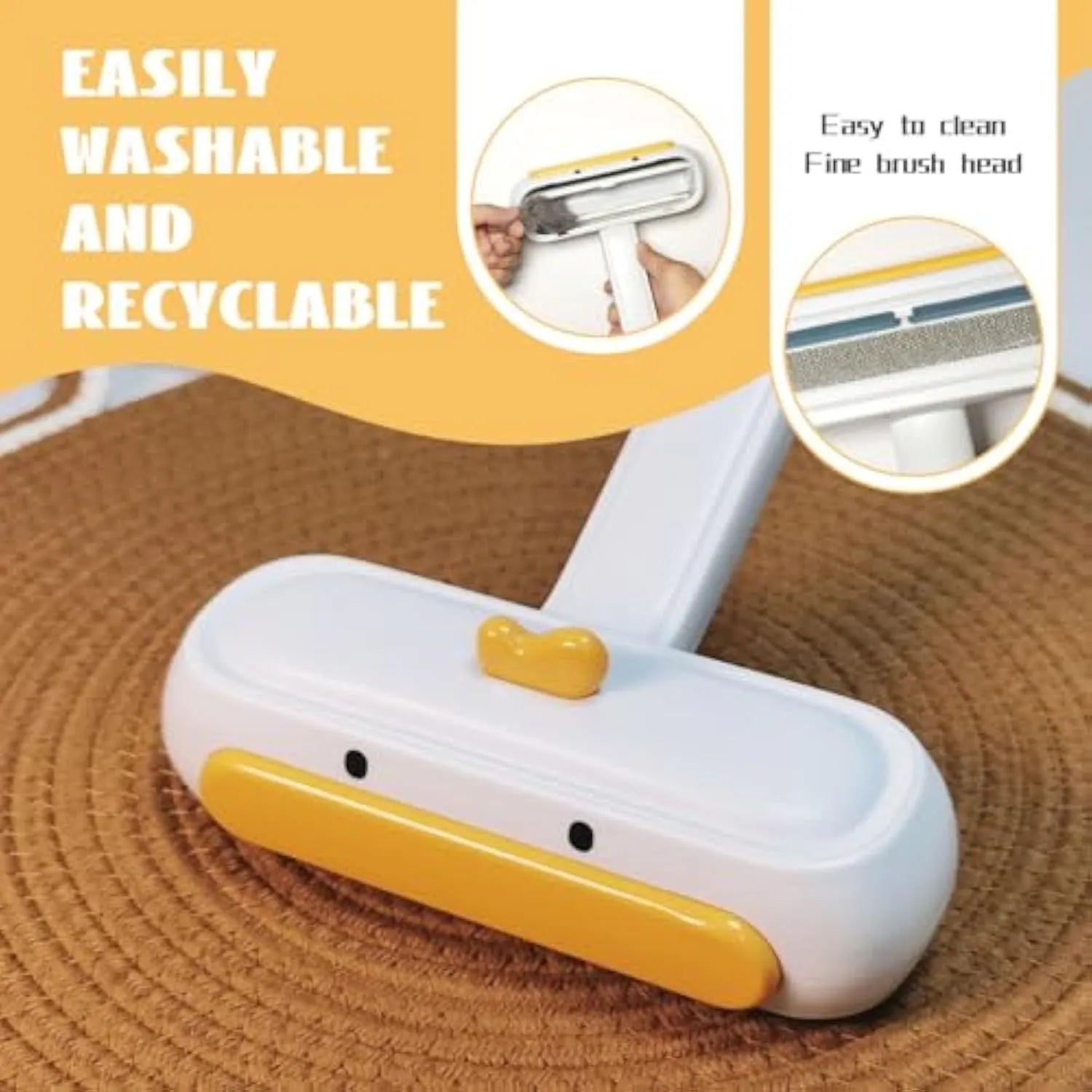 White portable pet hair remover brush with yellow duck design showing 4cm diameter