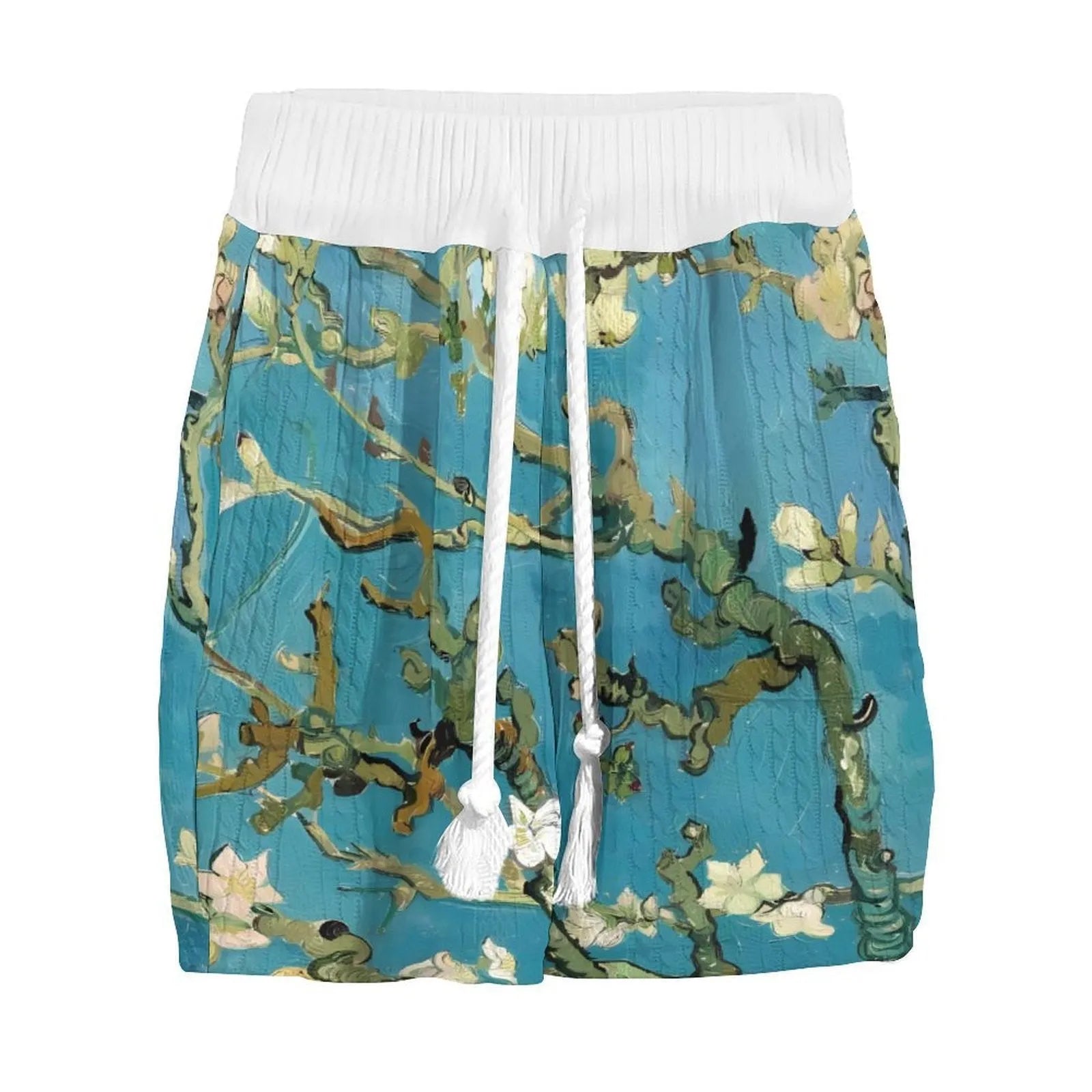 Men's peacock blue 3D printed knitted shorts suit with t-shirt top and fifth pants length shorts