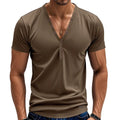 Men's loose V-neck button detail pullover top in a light blue colour on a hanger.