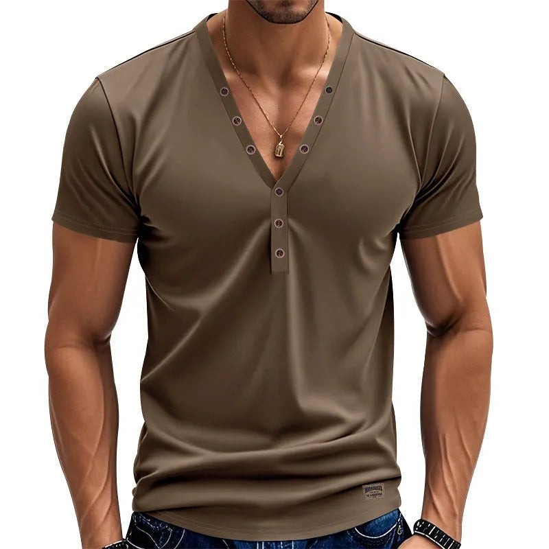 Men's loose V-neck button detail pullover top in a light blue colour on a hanger.