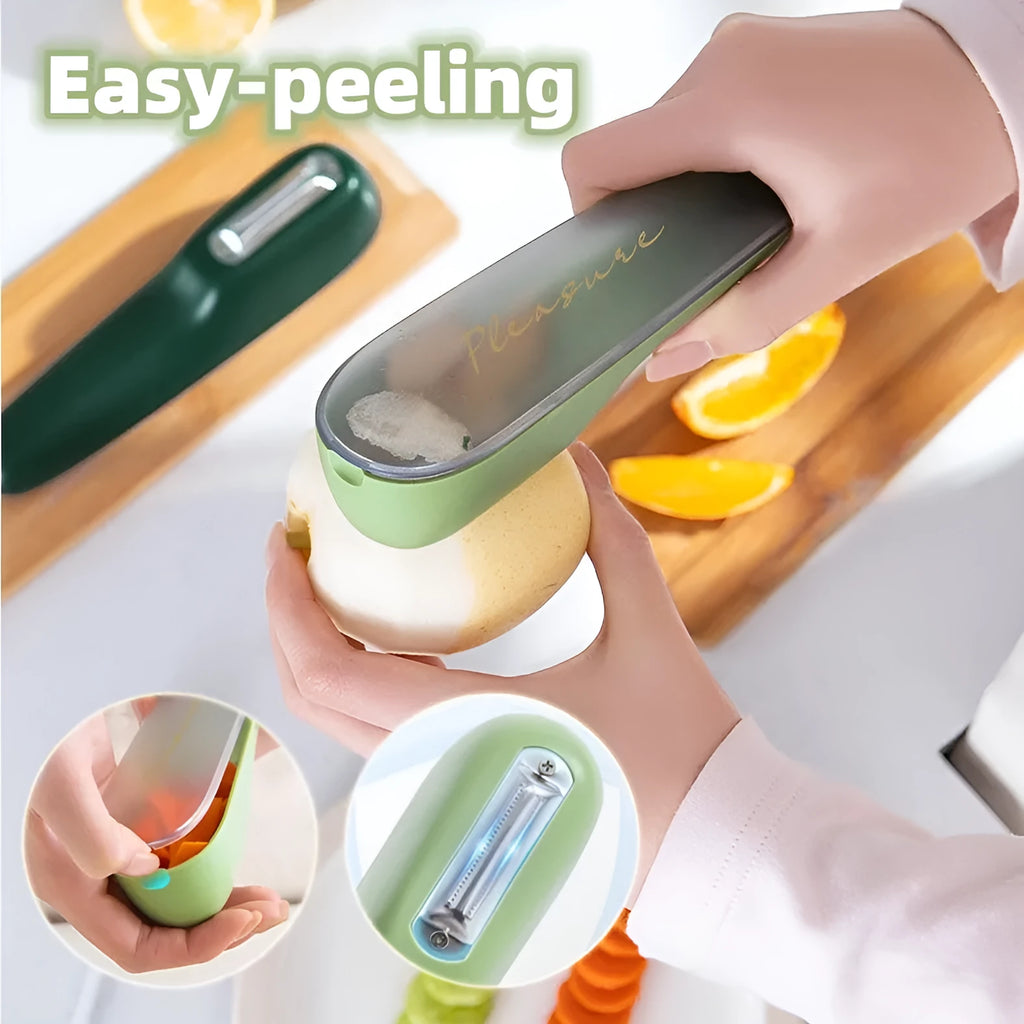 Dark green potato peeler with storage tube, stainless steel blade and plastic handle for kitchen use