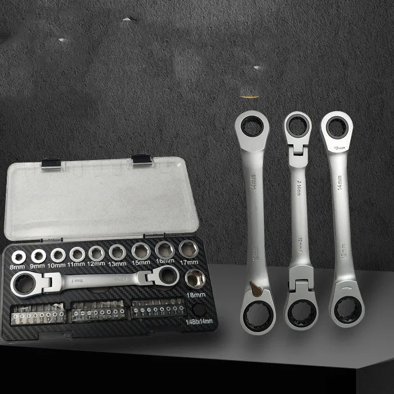 Dual-purpose ratchet wrench and screwdriver tool set with sockets and batch heads
