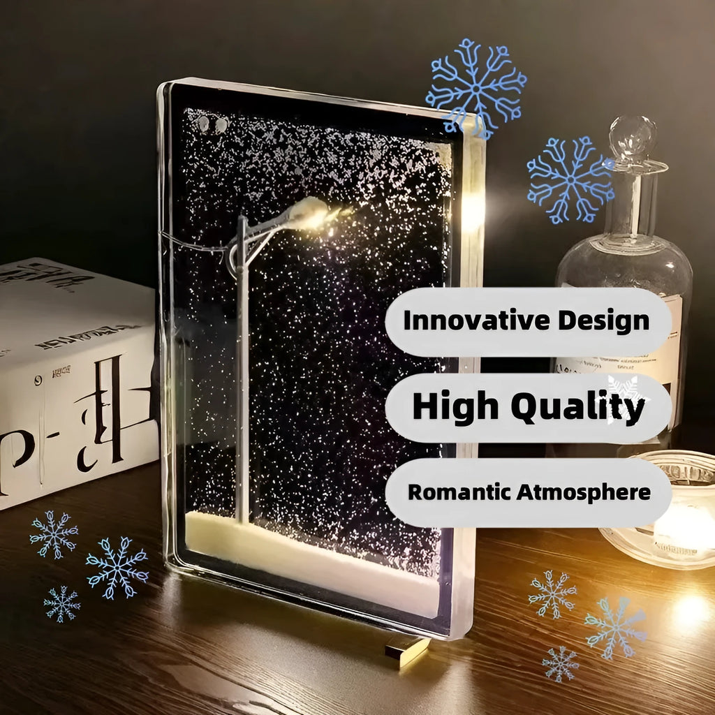 DIY snowflake night light kit showing magical snowy landscape scene with warm LED glow