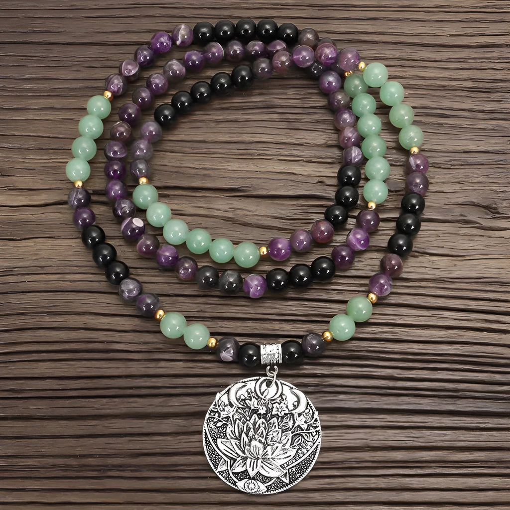 Donglong yoga lotus pendant necklace and bracelet set with stone beads