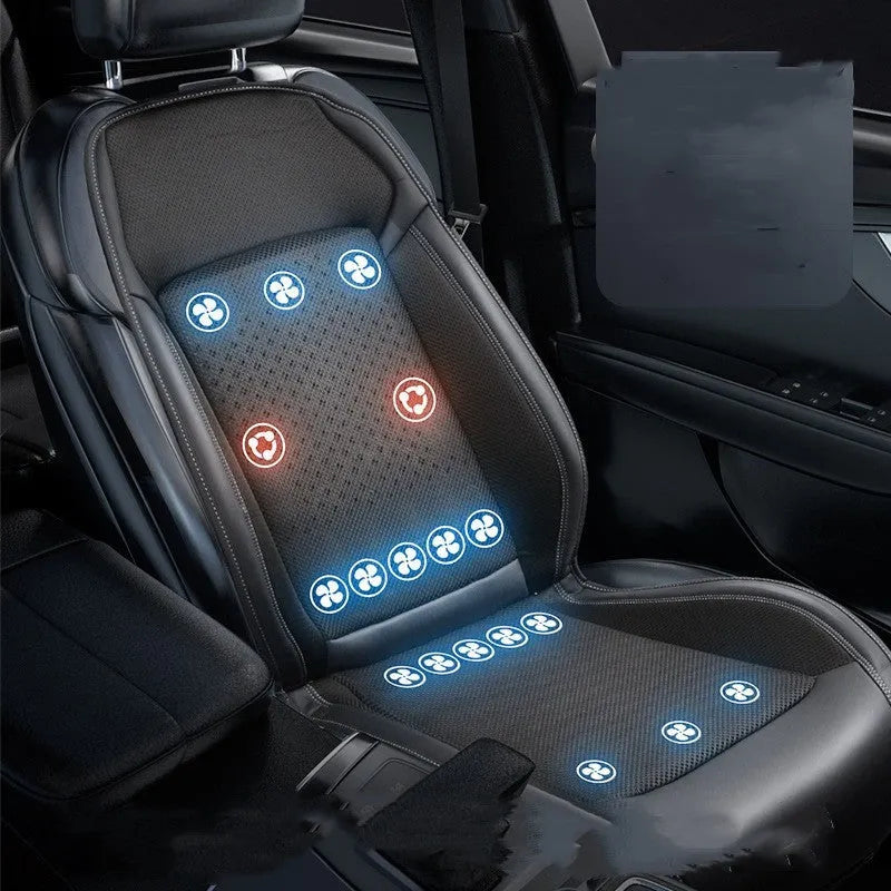 Black car cooling pad with ventilation system connected to vehicle 12V socket