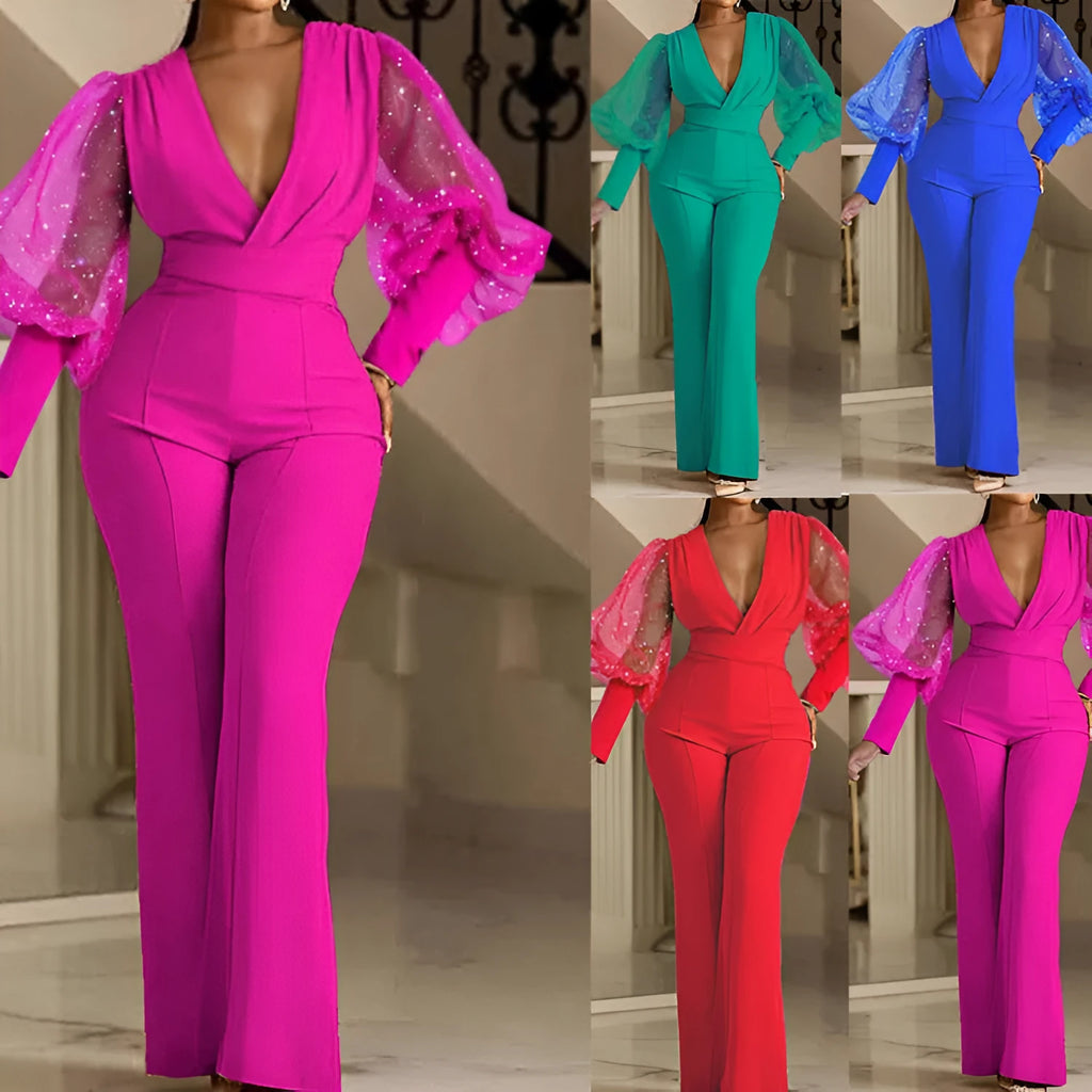 Women's mesh stitch jumpsuit with slim long sleeves, elastic waist, and wide leg trousers in red colour