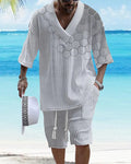 Men's printed drop-shoulder knitted short-sleeved top with matching shorts in a casual suit set.