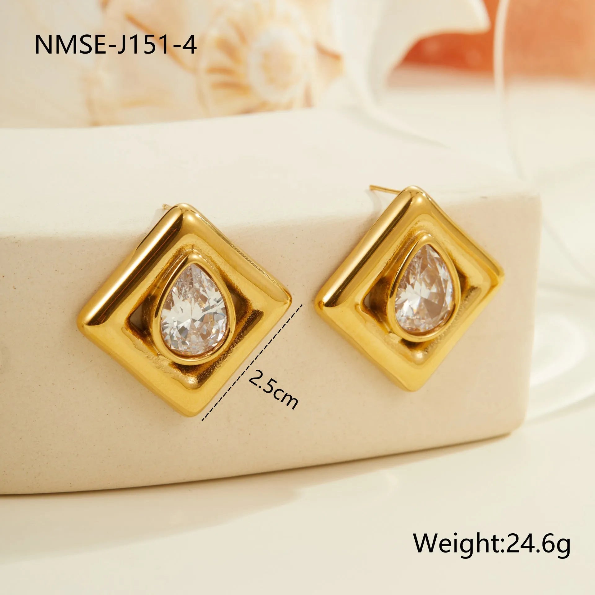 Gold geometric stud earrings with water drop zircon inlay on stainless steel with 18K plating