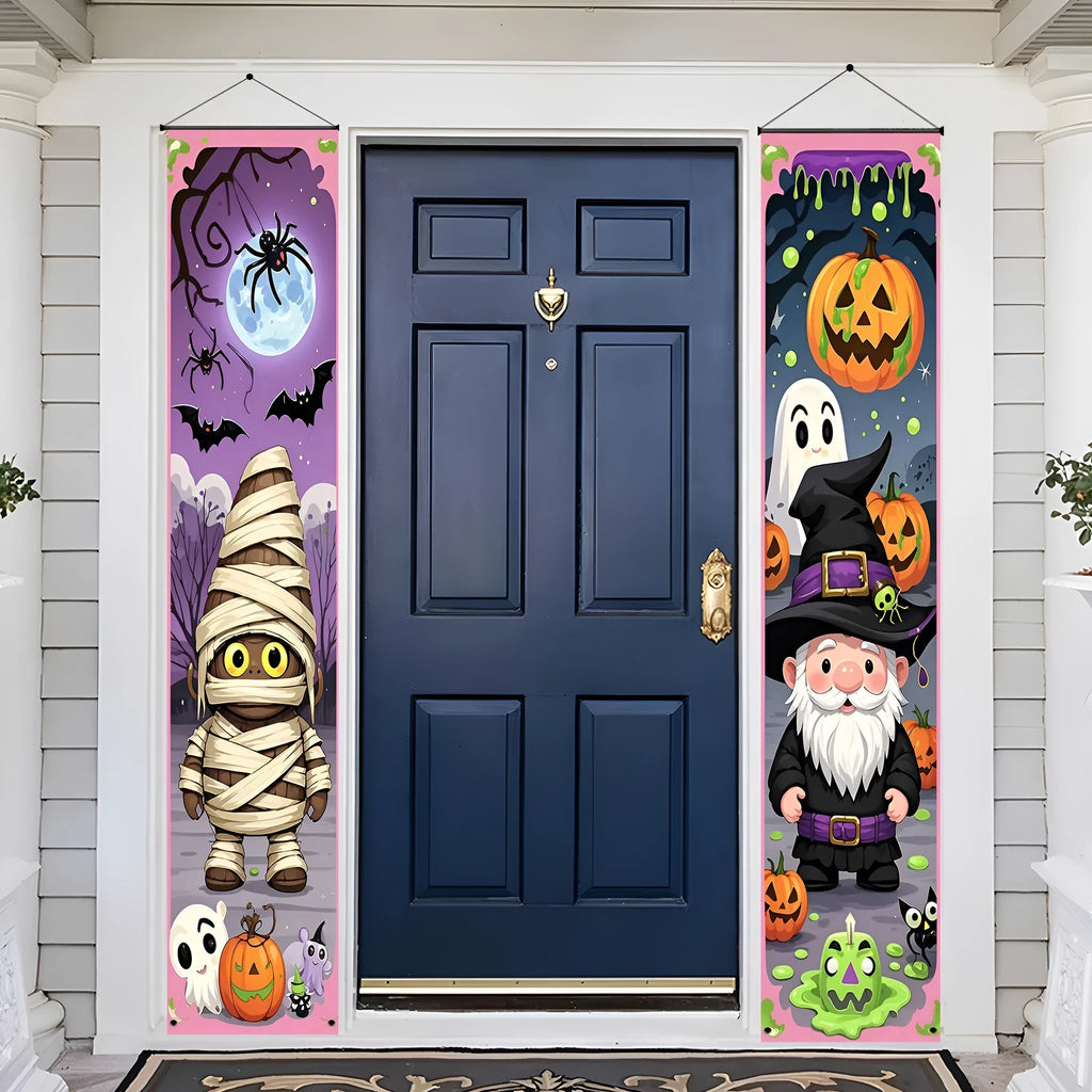 A pair of long Halloween-themed polyester banner decorations hanging on a wall.