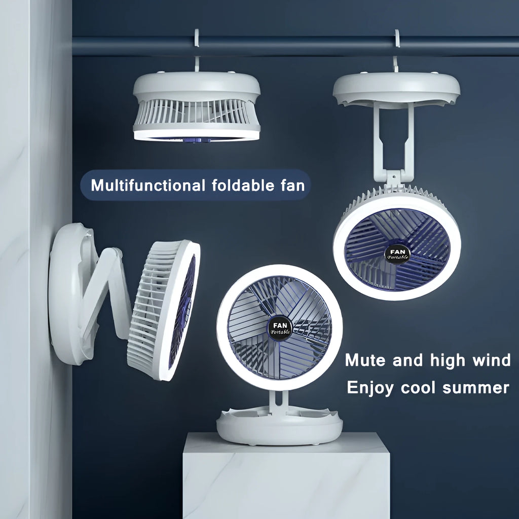 Blue foldable USB desk fan with LED light shown in open position on a table