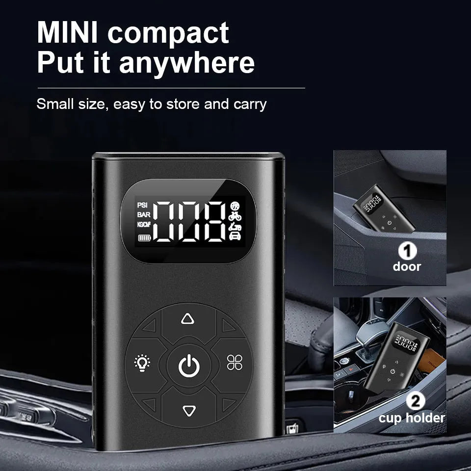 Black portable power bank air compressor for car and motorcycle tyres with USB cable