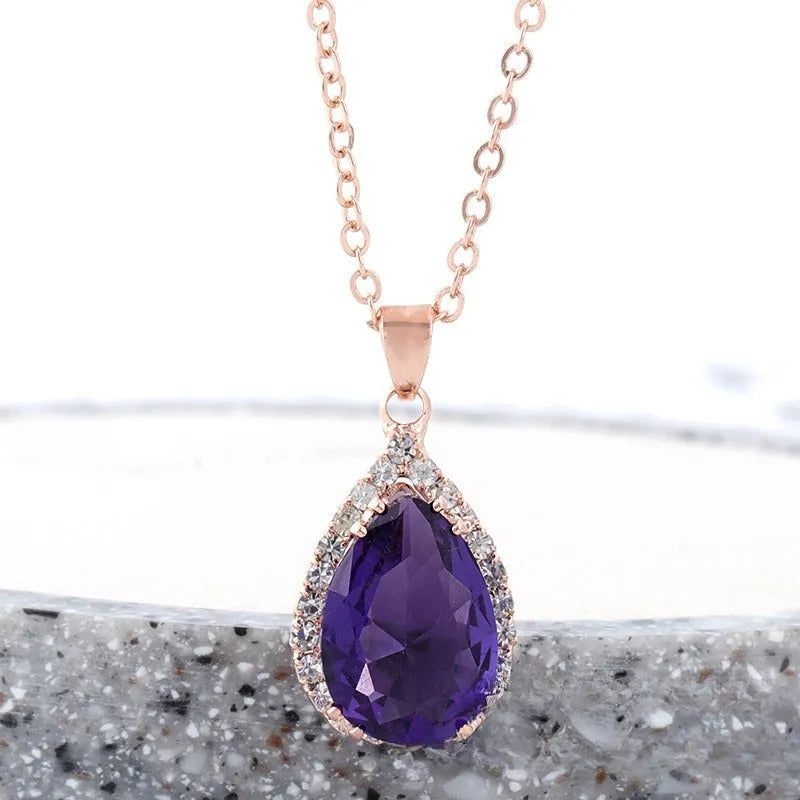 Water drop rose gold rhinestone geometric necklace pendant in pink colour with alloy construction