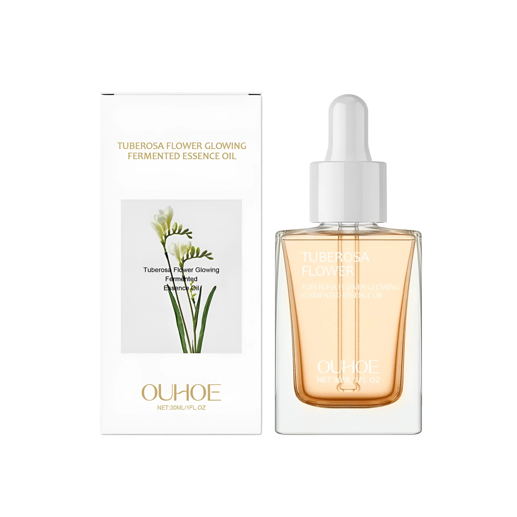 30ml glass bottle of brightening and firming facial treatment oil.