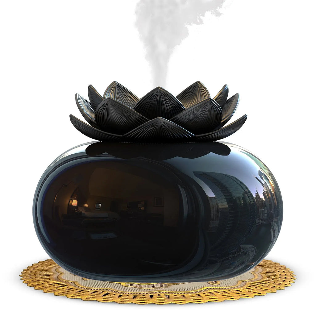 Pure black lotus aromatherapy humidifier with USB cable and round ceramic diffuser