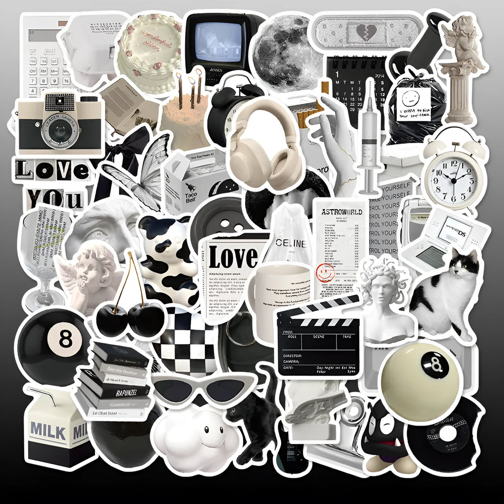 Black and white PVC waterproof sticker set with 61 painting designs for laptops and phones