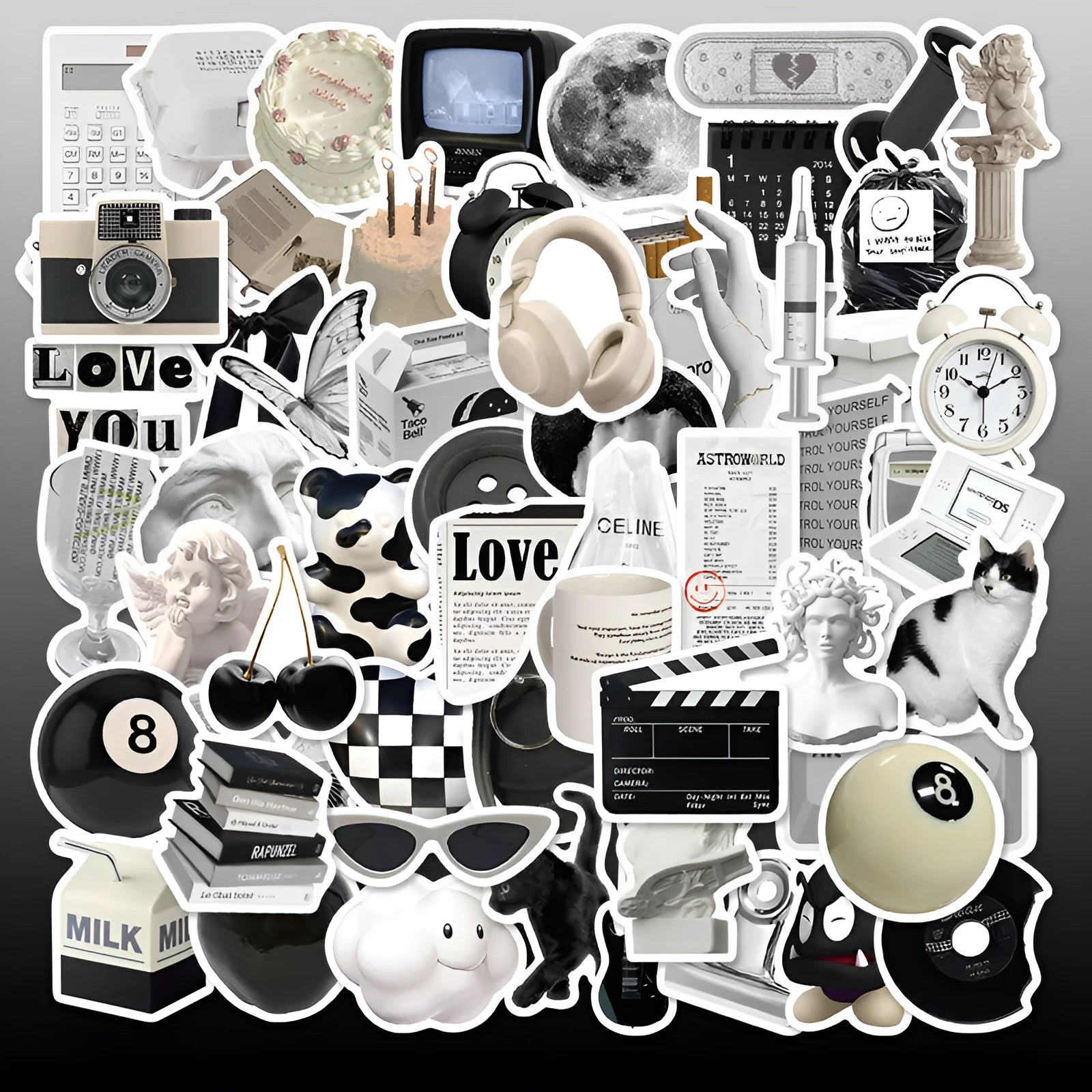 Black and white PVC waterproof sticker set with 61 painting designs for laptops and phones