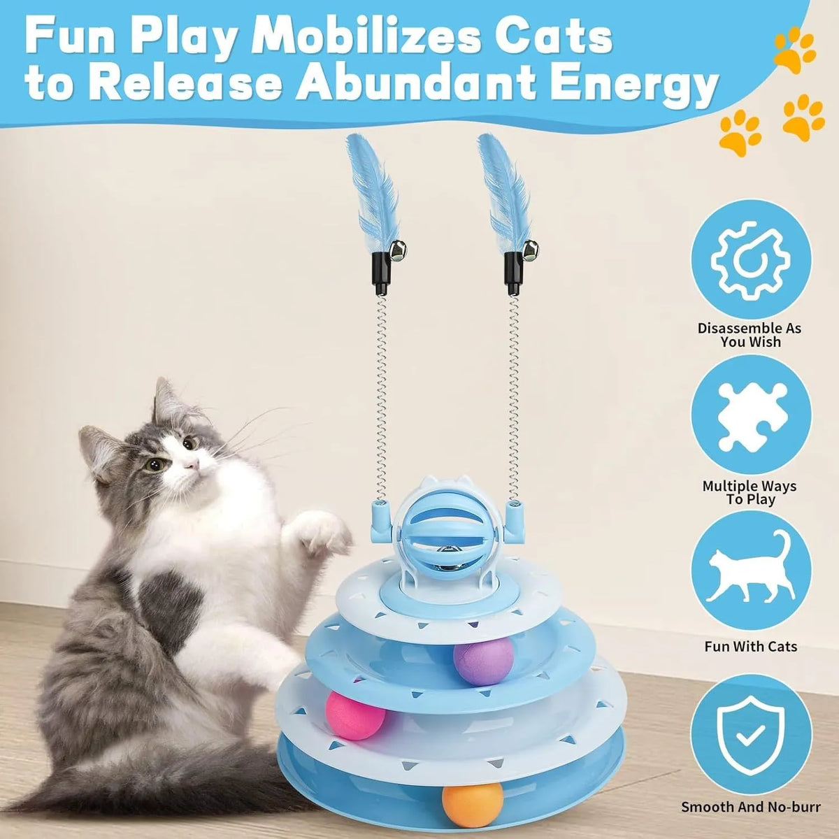 Blue 4-tier interactive cat puzzle toy with sliding balls and teasing rods on non-slip base