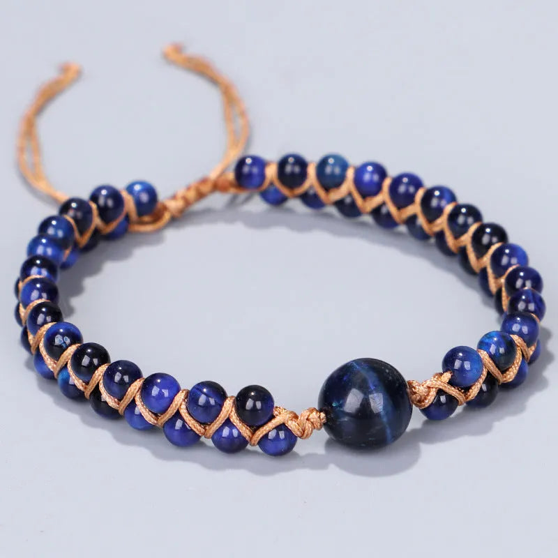 Handmade woven pull bracelet with geometric pattern and gemstone beads in blue Tigereye or Amethyst