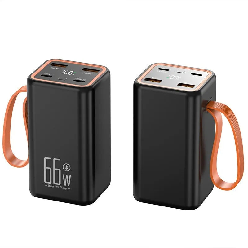 Black and white 20000 mAh fast charge power bank with creative design measuring 95mm
