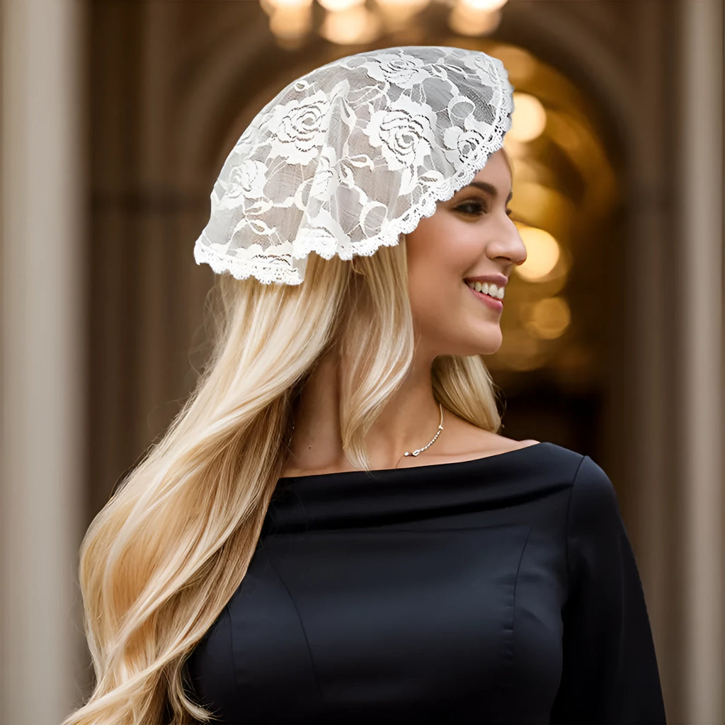 Round white wedding head cover with floral appliqué decoration measuring 30cm diameter